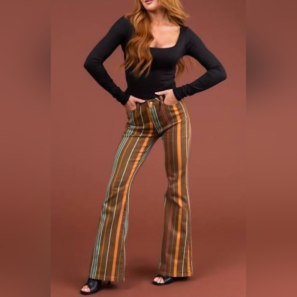 Judy Blue Mid Rise Classic Flare Jeans Retro Tan Blue Striped Stretch 1/25